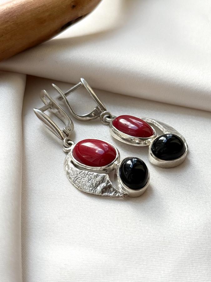 купить Серьги из серебра с кораллом и обсидианом , фото 2