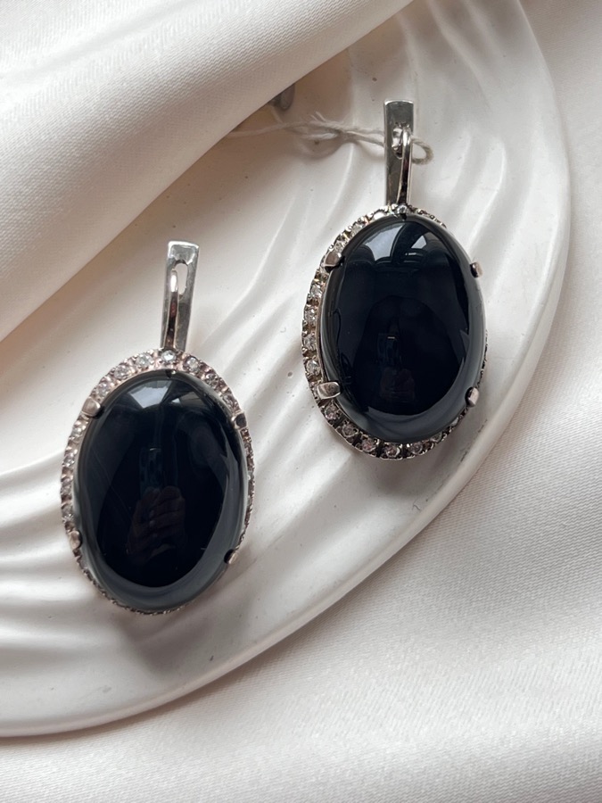 купить Серьги из серебра с чёрным агатом и фианитами , фото 3