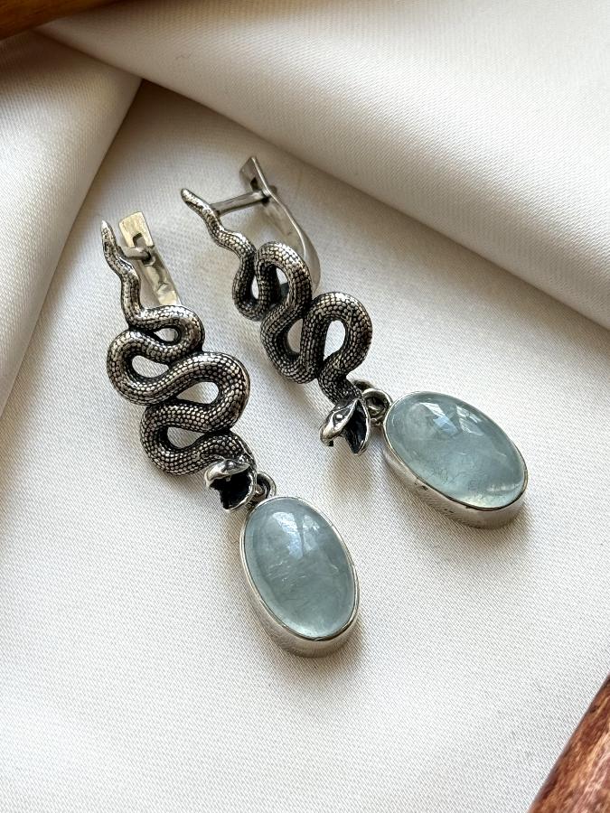купить Серьги из серебра с аквамарином в форме змеи , фото 1