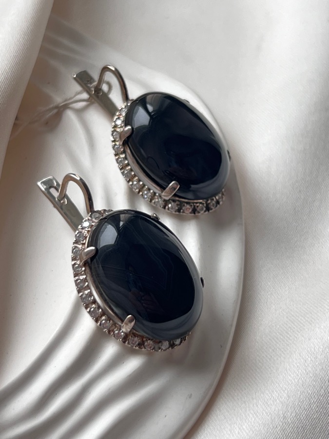 купить Серьги из серебра с чёрным агатом и фианитами , фото 1