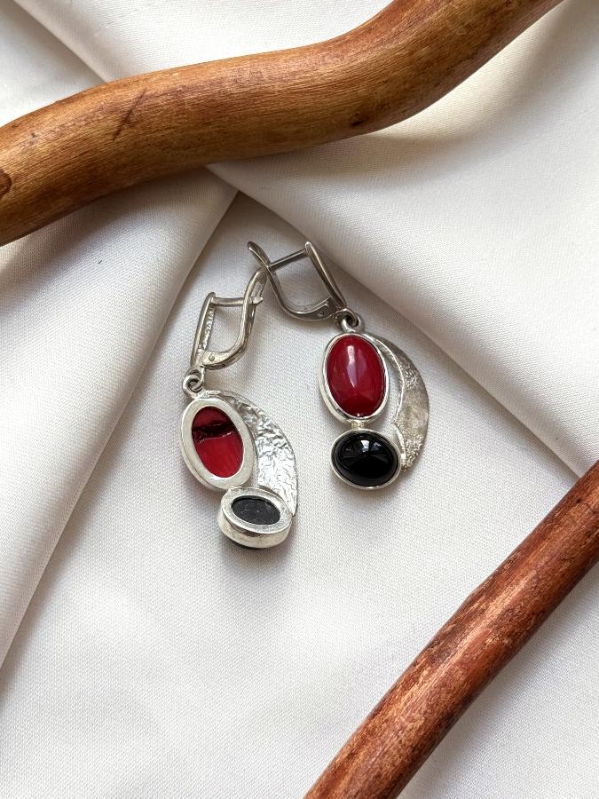 купить Серьги из серебра с кораллом и обсидианом , фото 5