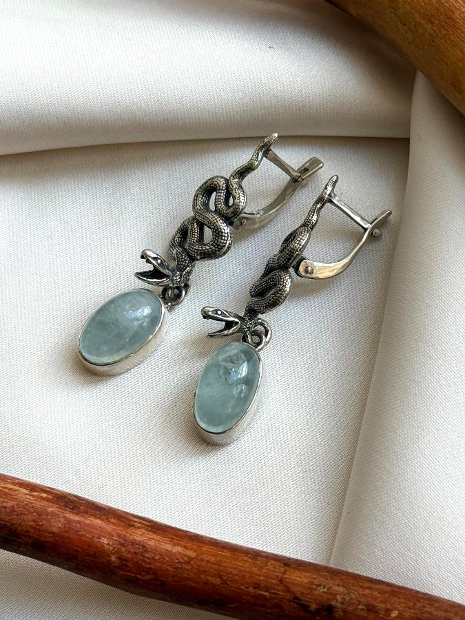купить Серьги из серебра с аквамарином в форме змеи , фото 3