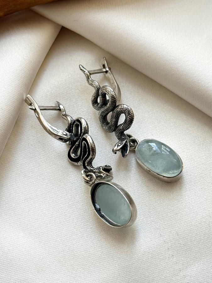 купить Серьги из серебра с аквамарином в форме змеи , фото 5