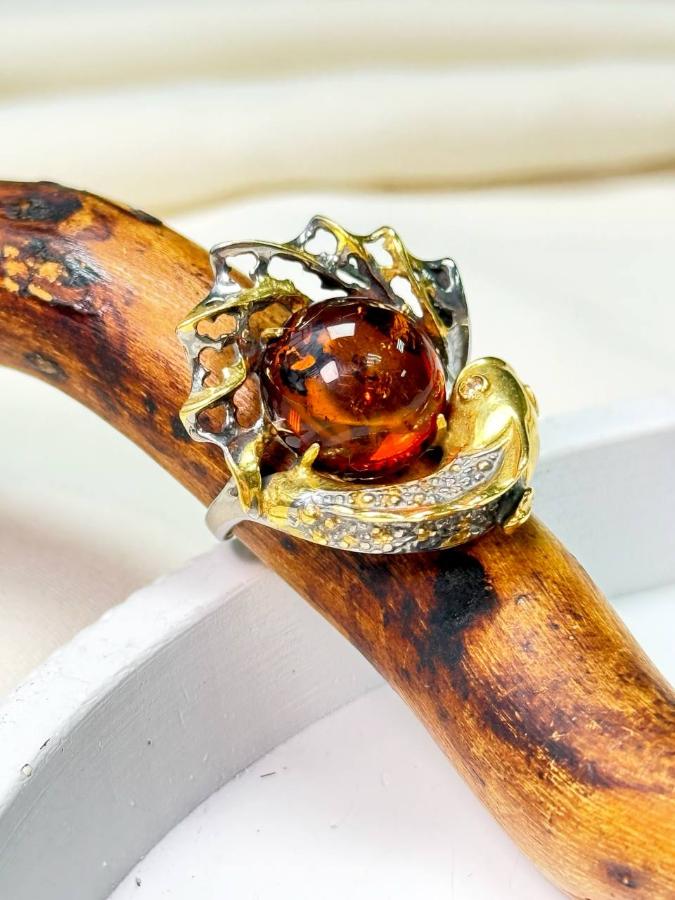 купить Кольцо из серебра с красным янтарем  , фото 2