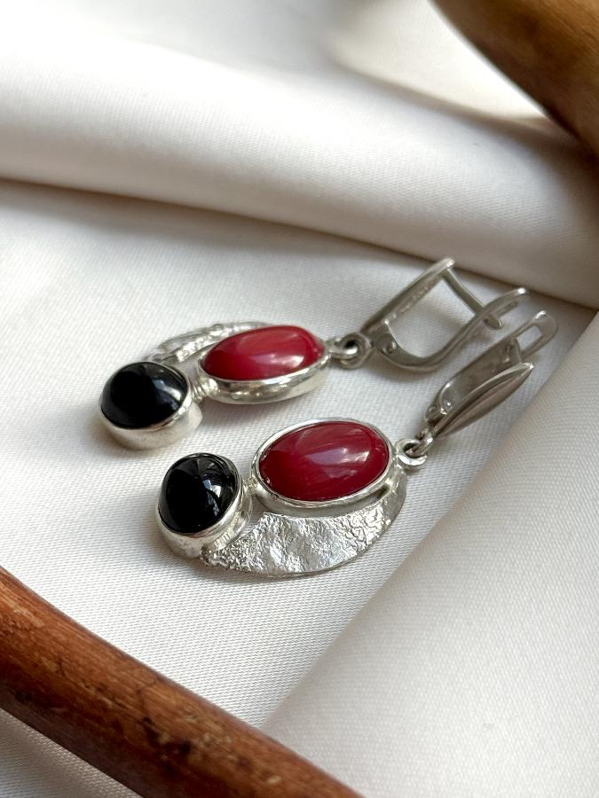 купить Серьги из серебра с кораллом и обсидианом , фото 3